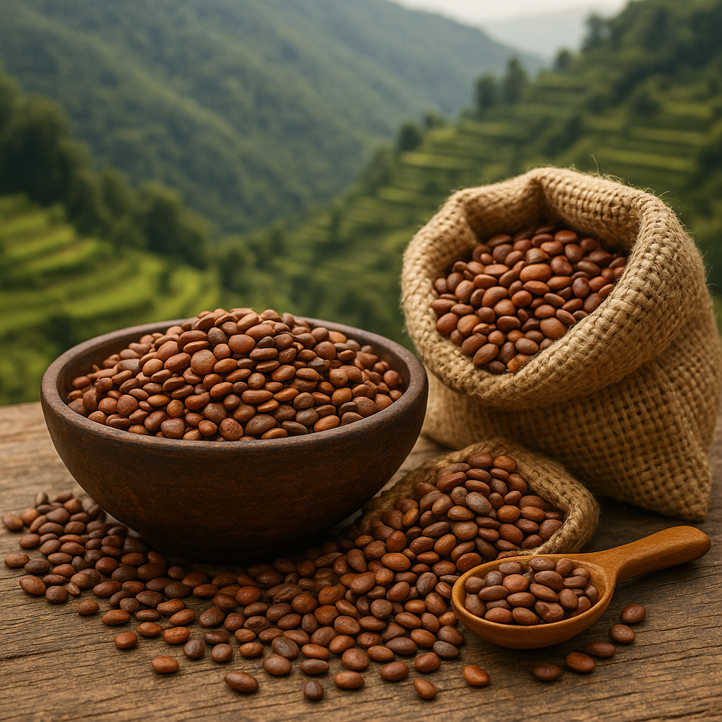 Rustic Himalayan Gahat (Kulthi) beans displayed in a wooden bowl and jute bag with terraced Uttarakhand mountains in the background.